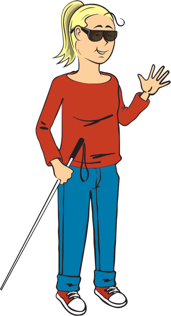 Illustration av Emelie, en ung tjej som står och hälsar välkommen. Hon har röd tröja, blå byxor, mörka solglasögon och en vit käpp i högra handen.